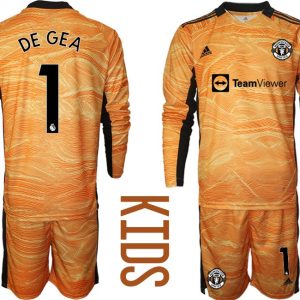 Kindertrikot Manchester United 2022 Torwart Heim Trikotsatz Orange Langarm mit Aufdruck DE GEA 1