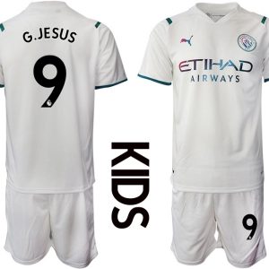 Manchester City 2022 Auswärtstrikot weiß für Kinder Mit G.Jesus 9 Aufdruck