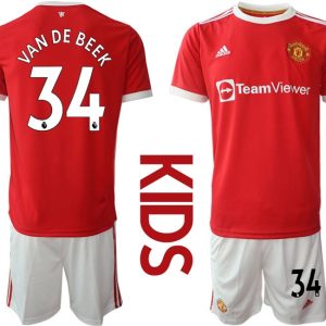 Manchester United Cup Heimtrikot 2022 für Kinder in rot mit Aufdruck VAN DE BEEK 34