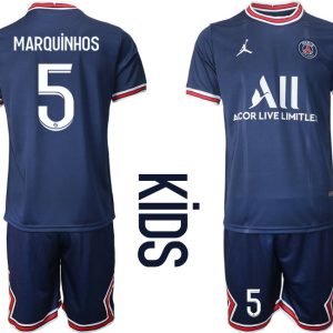 Paris Saint Germain PSG Heimtrikot 2021/22 für Kinder in blau mit Aufdruck Marquinhos 5