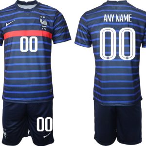 Personalisierbar Herren Kurzarm T-Shirt Frankreich Trikot Home EM 2022 Blau-1