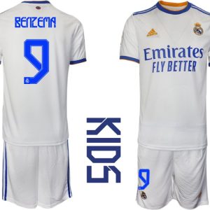 Real Madrid 2021/22 Heimtrikot Kinder Junior weiss blau mit Aufdruck Benzema 9