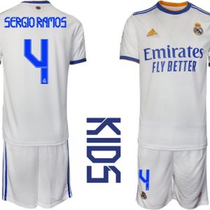 Real Madrid 2021/22 Heimtrikot Kinder Junior weiss blau mit Aufdruck Sergio Ramos 4