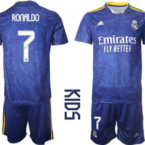 Real Madrid Auswärtstrikot Set 2021/22 Away Trikots für Kinder blau mit Aufdruck Ronaldo 7