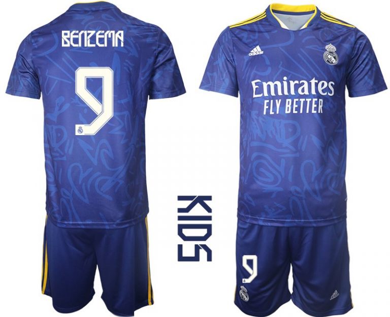 Real Madrid Auswärtstrikot Set blau 2021/22 Away Trikot für Kinder mit Aufdruck Benzema 9