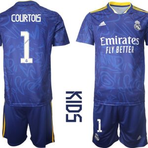 Real Madrid Auswärtstrikot Set blau 2021/22 Away Trikot für Kinder mit Aufdruck Courtois 1