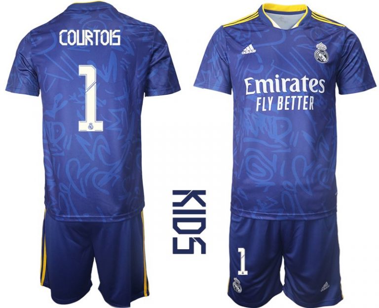 Real Madrid Auswärtstrikot Set blau 2021/22 Away Trikot für Kinder mit Aufdruck Courtois 1