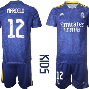 Real Madrid Auswärtstrikot Set blau 2021/22 Away Trikot für Kinder mit Aufdruck Marcelo 12