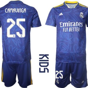 Real Madrid Auswärtstrikot Set blau 2021/22 Away Trikots für Kinder mit Aufdruck Camavinga 25