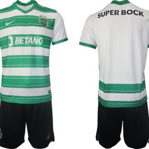 Sporting CP 2021/22 Herren Heimtrikot Weiß Grün Trikotsatz Kurzarm + Kurze Hosen