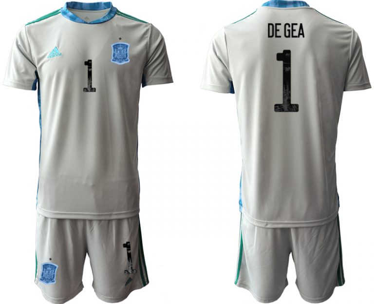 Goalkeeper Shirt Fußballtrikots Spanien Trikot 2022 Grau Kurzarm + Kurze Hosen DE GEA 1