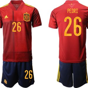 Günstige Fußballtrikots Spanien Trikot Home EM 2022 Rot Kurzarm + Kurze Hosen PEDRI 26