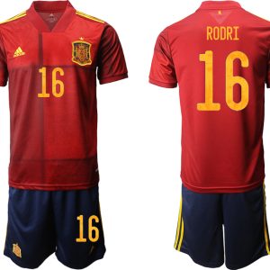 Spanien Heimtrikot Home EM 2022 Rot Kurzarm + Kurze Hosen RODRI 16