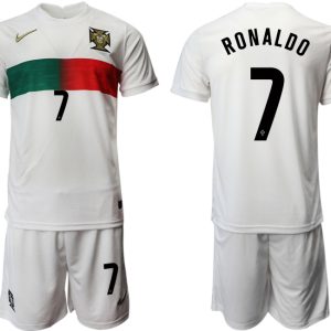 2022 Portugal Heimtrikot Away Weiß Trikotsatz Kurzarm + Kurze Hosen RONALDO 7