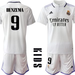 BENZEMA #9 Kinder Heimtrikot Real Madrid Home Trikot weiß lila 2022/23 Günstige Fussballtrikot