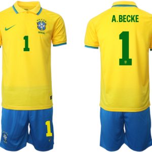 Brasilien 2022 WM Heimtrikots Gelb Trikotsatz Kurzarm + Kurze Hosen Blau A.BECKE 1