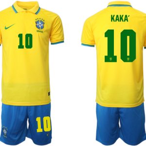 Brasilien 2022 WM Heimtrikots Gelb Trikotsatz Kurzarm + Kurze Hosen Blau Kaká 10