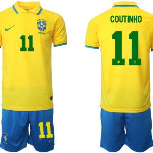 Brasilien 2022 WM Heimtrikots Gelb Trikotsatz Kurzarm + Kurze Hosen COUTINHO 11