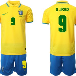 Brasilien 2022 WM Heimtrikots Gelb Trikotsatz Kurzarm + Kurze Hosen G.JESUS 9