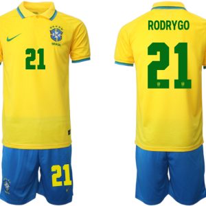 Brasilien 2022 WM Heimtrikots Gelb Trikotsatz Kurzarm + Kurze Hosen RODRYGO 21