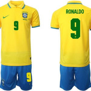 Brasilien 2022 WM Heimtrikots Gelb Trikotsatz Kurzarm + Kurze Hosen RONALDO 9