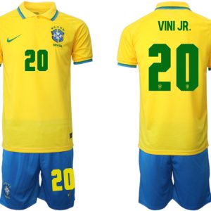 Brasilien 2022 WM Heimtrikots Gelb Trikotsatz Kurzarm + Kurze Hosen VINI JR.20