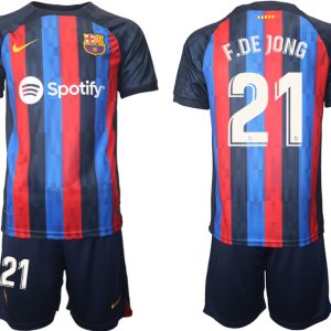 FC Barcelona 2022/23 Heimtrikot dunkles Blau Trikotsatz Kurzarm mit Aufdruck F.DE JONG 21