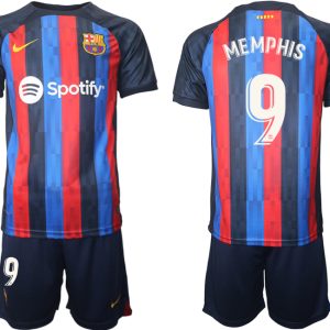 FC Barcelona 2022/23 Heimtrikot dunkles Blau Trikotsatz Kurzarm mit Aufdruck MEMPHIS 9