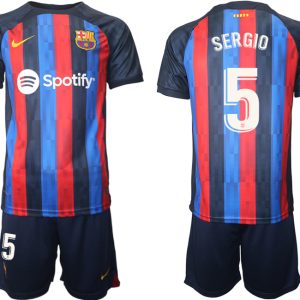 FC Barcelona 2022/23 Heimtrikot dunkles Blau Trikotsatz Kurzarm mit Aufdruck SERGIO 5