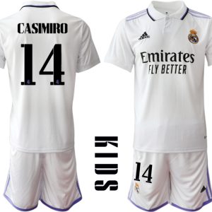 Günstige Fussballtrikot Kinder Heimtrikot Real Madrid Home Trikot weiß lila 2022/23 CASIMIRO #14