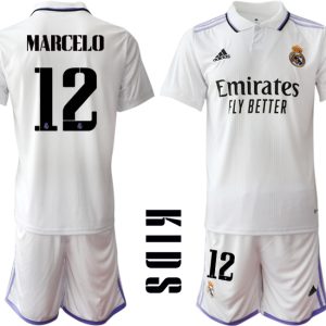 Günstige Fussballtrikot Kinder Heimtrikot Real Madrid Home Trikot weiß lila 2022/23 MARCELO #12