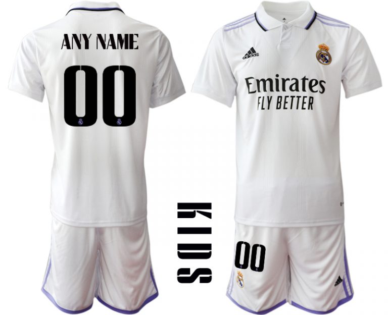 Kinder Heimtrikot Real Madrid Home Trikot weiß lila 2022/23 Fußballtrikots Set