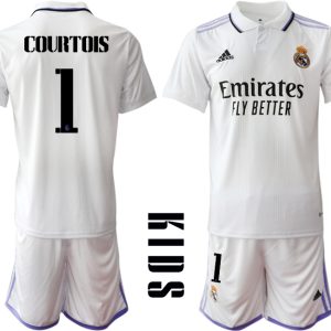 Kinder Heimtrikot Real Madrid Home Trikot weiß lila 2022/23 mit Aufdruck COURTOIS 1