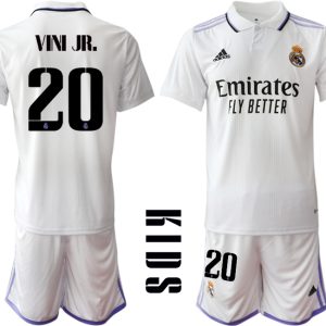 Kinder Heimtrikot Real Madrid Home Trikot weiß lila 2022/23 mit Aufdruck VINI JR.20