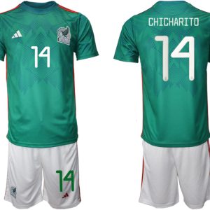 Günstige Mexiko Heimtrikot WM 2022 Trikotsatz Grün Kurzarm + weiß Kurze Hosen CHICHARITO #14