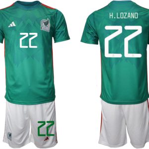 Mexiko Heimtrikot WM 2022 Trikotsatz Grün Kurzarm + weiß Kurze Hosen H.LOZANO #22