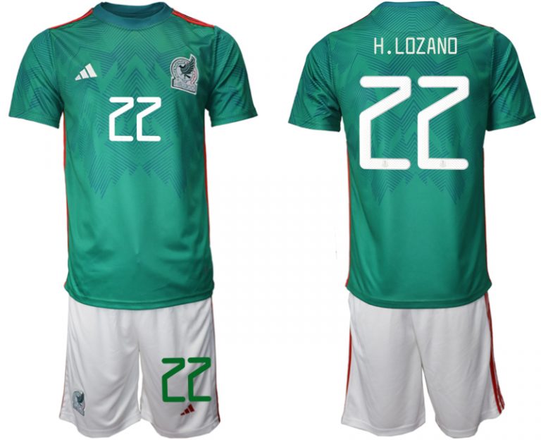 Mexiko Heimtrikot WM 2022 Trikotsatz Grün Kurzarm + weiß Kurze Hosen H.LOZANO #22