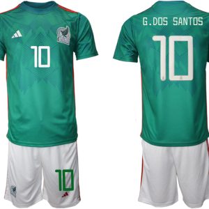 Mexiko Trikots 2022 Heimtrikot Trikotsatz Grün Kurzarm + Weiß Kurze Hosen G.DOS SANTOS #10