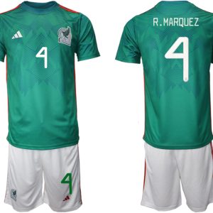 Mexiko Trikots 2022 Heimtrikot Trikotsatz Grün Kurzarm + Weiß Kurze Hosen R.MARQUEZ #4