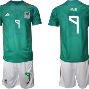 Mexiko Trikots 2022 Heimtrikot Trikotsatz Grün Kurzarm + Weiß Kurze Hosen RAUL #9