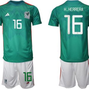 Neue Mexiko Heimtrikot WM 2022 Trikotsatz Grün Kurzarm + weiß Kurze Hosen H.HERRERA #16