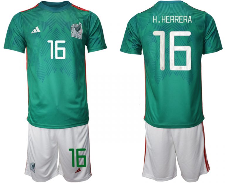 Neue Mexiko Heimtrikot WM 2022 Trikotsatz Grün Kurzarm + weiß Kurze Hosen H.HERRERA #16