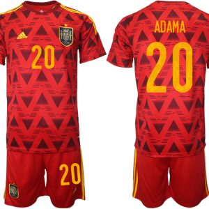 Spanien Heimtrikot WM 2022 Rot Trikotsatz Kurzarm + Kurze Hosen mit Aufdruck ADAMA 20