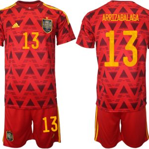 Spanien Heimtrikot WM 2022 Rot Trikotsatz Kurzarm + Kurze Hosen mit Aufdruck ARRIZABALAGA 13