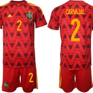 Spanien Heimtrikot WM 2022 Rot Trikotsatz Kurzarm + Kurze Hosen mit Aufdruck CARVAJAL 2