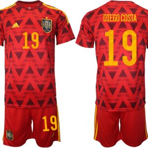 Spanien Heimtrikot WM 2022 Rot Trikotsatz Kurzarm + Kurze Hosen mit Aufdruck DIEGO COSTA 19