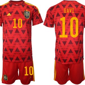 Spanien Heimtrikot WM 2022 Rot Trikotsatz Kurzarm + Kurze Hosen mit Aufdruck GAVI 10