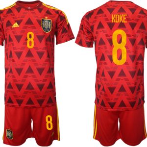 Spanien Heimtrikot WM 2022 Rot Trikotsatz Kurzarm + Kurze Hosen mit Aufdruck KOKE 8