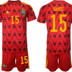 Spanien Heimtrikot WM 2022 Rot Trikotsatz Kurzarm + Kurze Hosen mit Aufdruck RAMOS 15