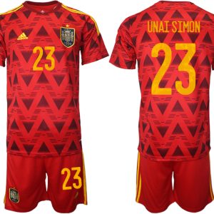 Spanien Heimtrikot WM 2022 Rot Trikotsatz Kurzarm + Kurze Hosen mit Aufdruck UNAI SIMON 23